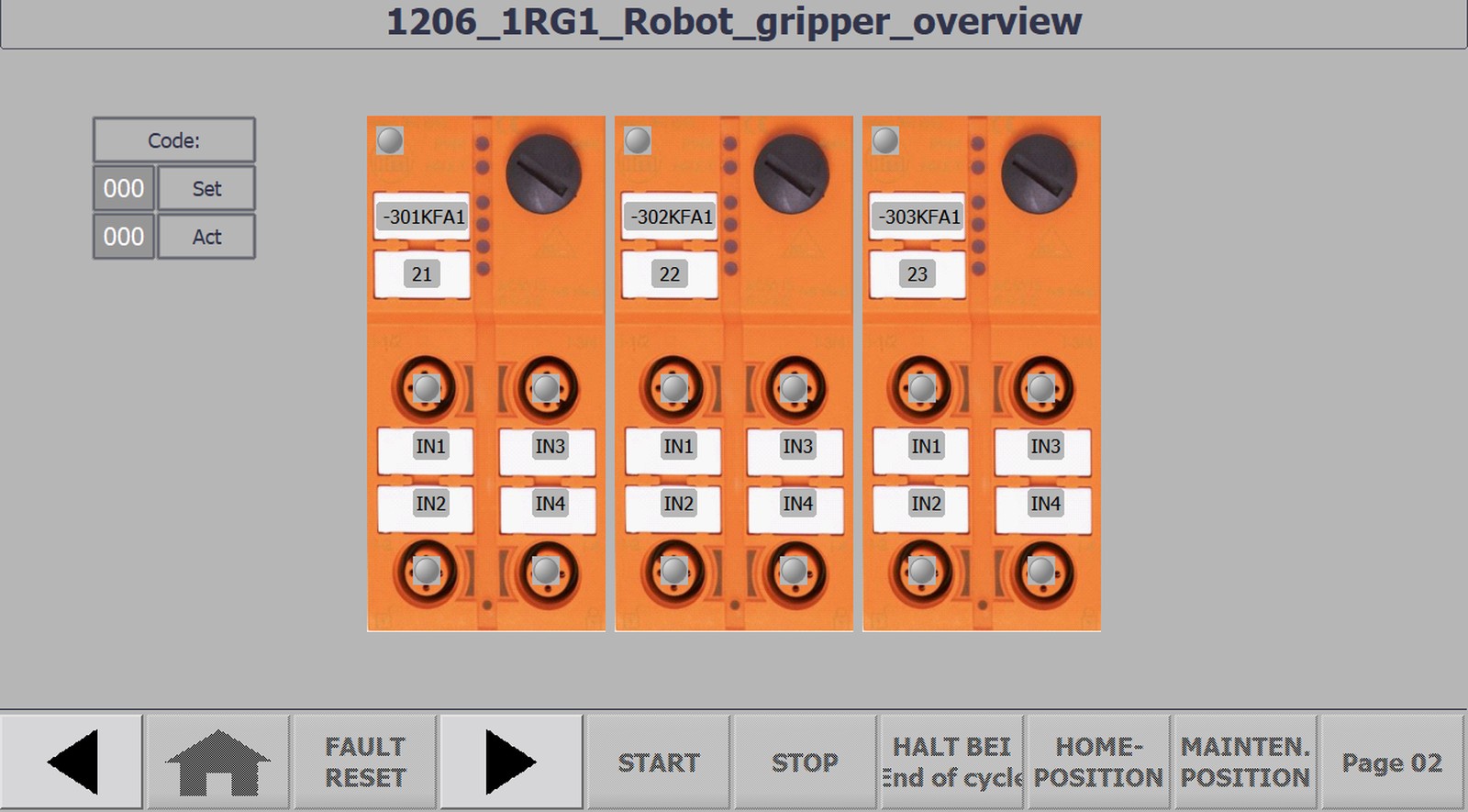 Operator screen: gripper I/O overview, with diagnostics down to the individual valve.