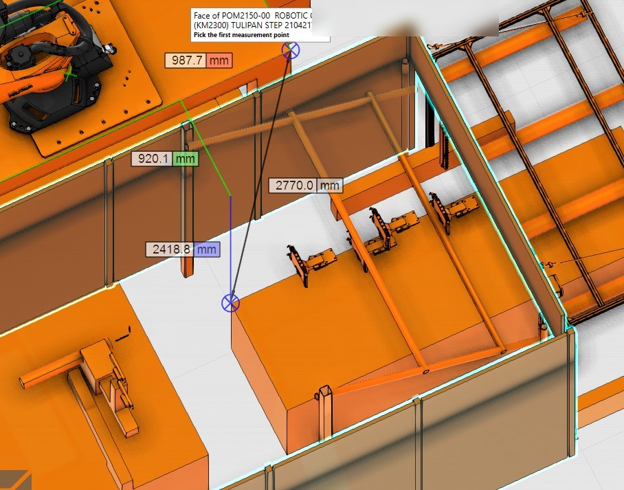 Cell geometry checked against the model — reach, clearances and pick positions, before any steel exists.